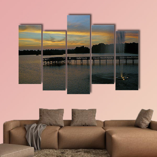 Sunrise on the lake with fountain and pier multi panel canvas wall art