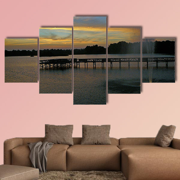 Sunrise on the lake with fountain and pier multi panel canvas wall art