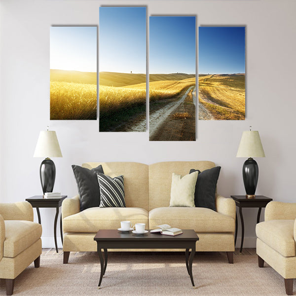 ground road on field in Tuscany Multi Panel Canvas Wall Art