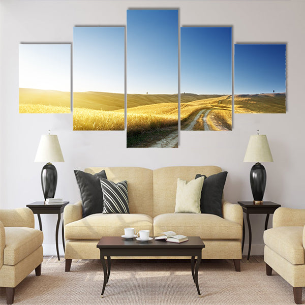 ground road on field in Tuscany Multi Panel Canvas Wall Art