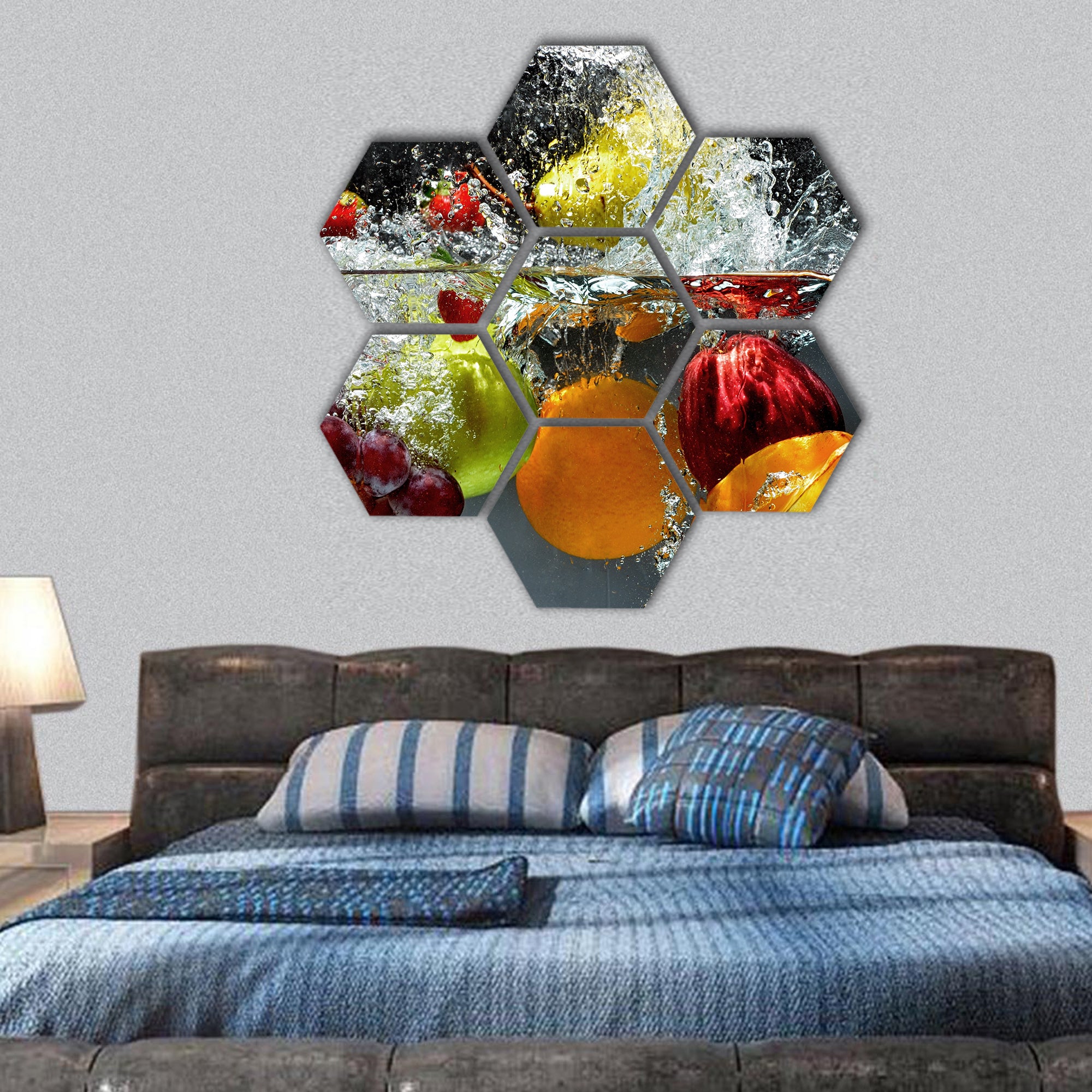 Fresh Fruit and Vegetables under water hexagonal canvas wall art