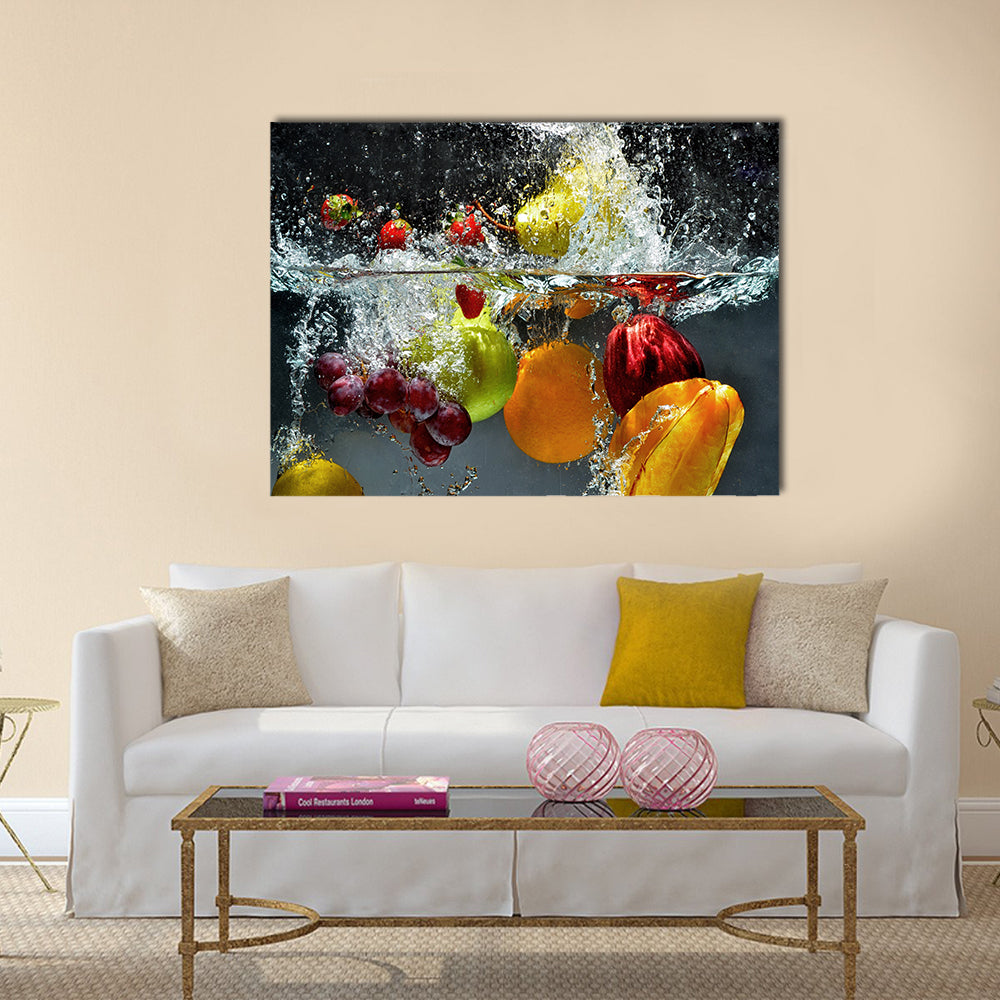 Fresh Fruit and Vegetables being shot as they submerged under water Multi panel canvas wall art