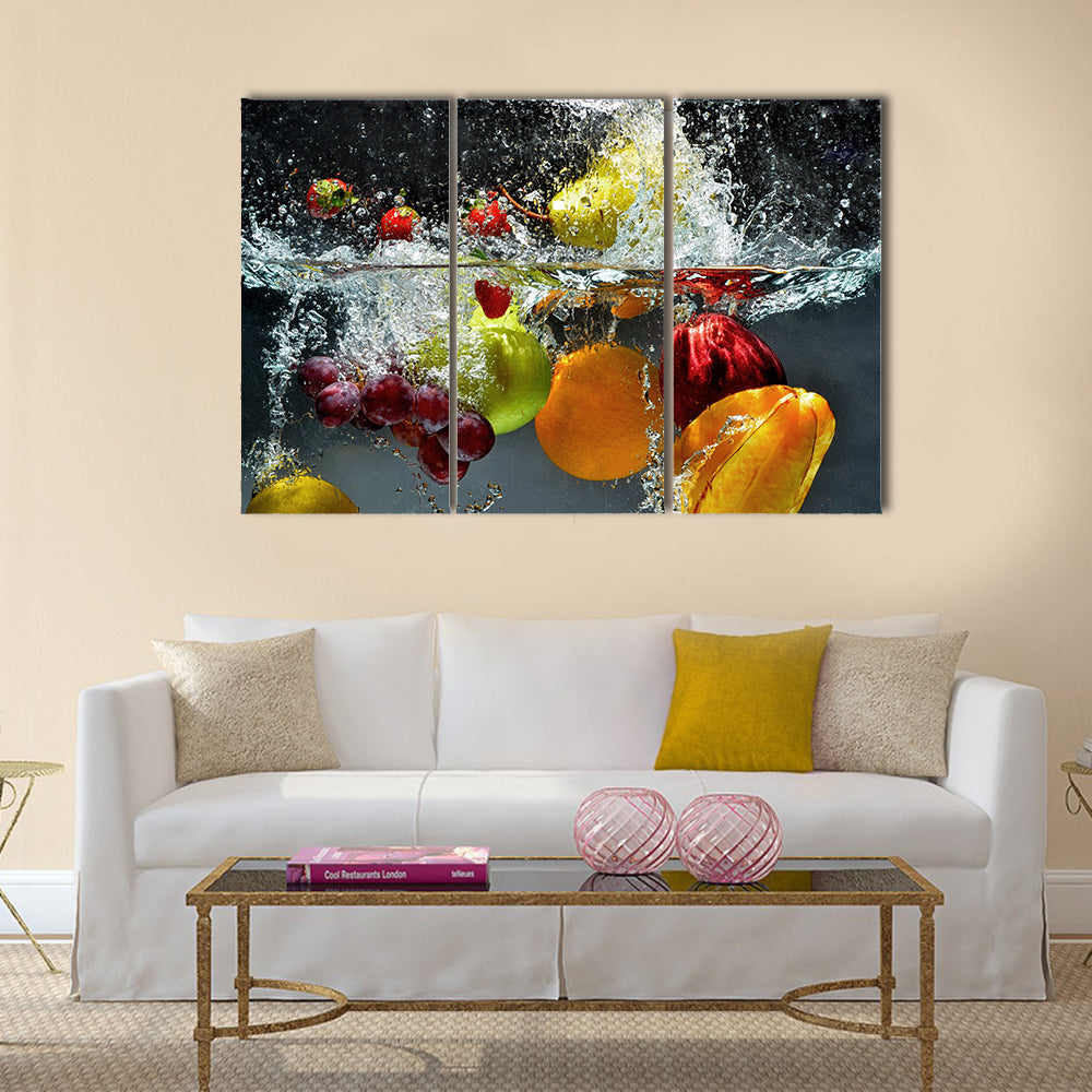 Fresh Fruit and Vegetables being shot as they submerged under water Multi panel canvas wall art
