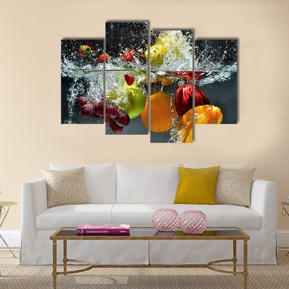 Fresh Fruit and Vegetables being shot as they submerged under water Multi panel canvas wall art