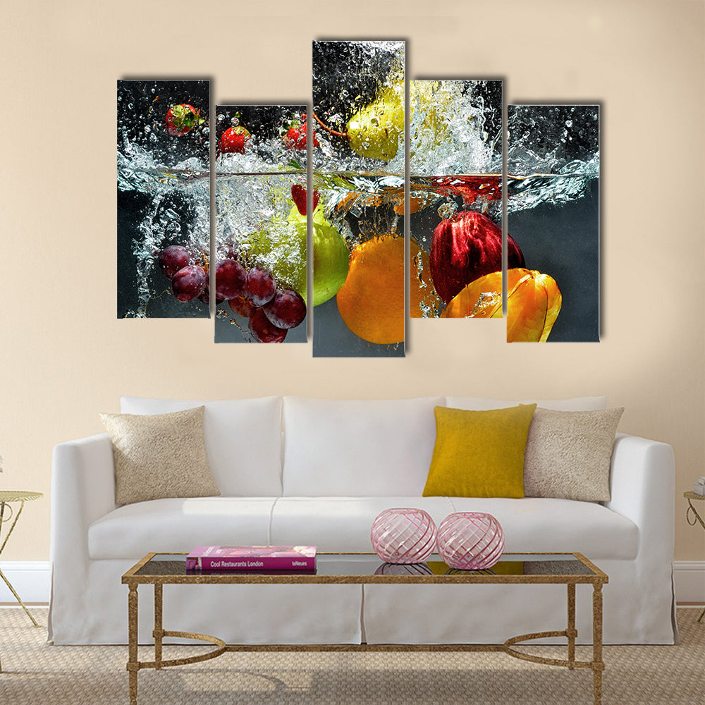 Fresh Fruit and Vegetables being shot as they submerged under water Multi panel canvas wall art