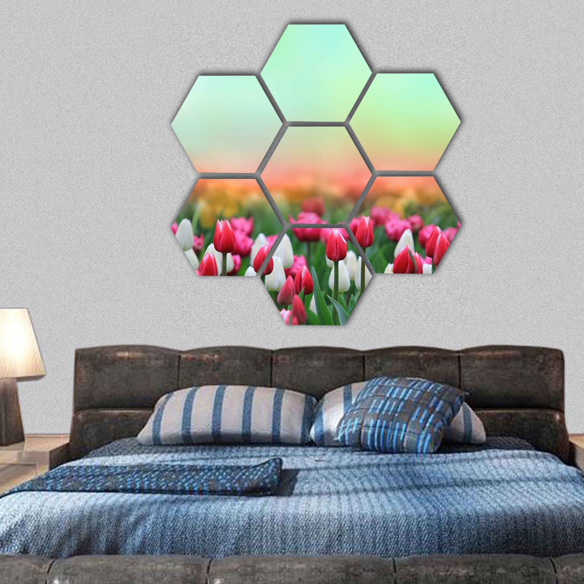Beautiful tulips field hexagonal canvas wall art