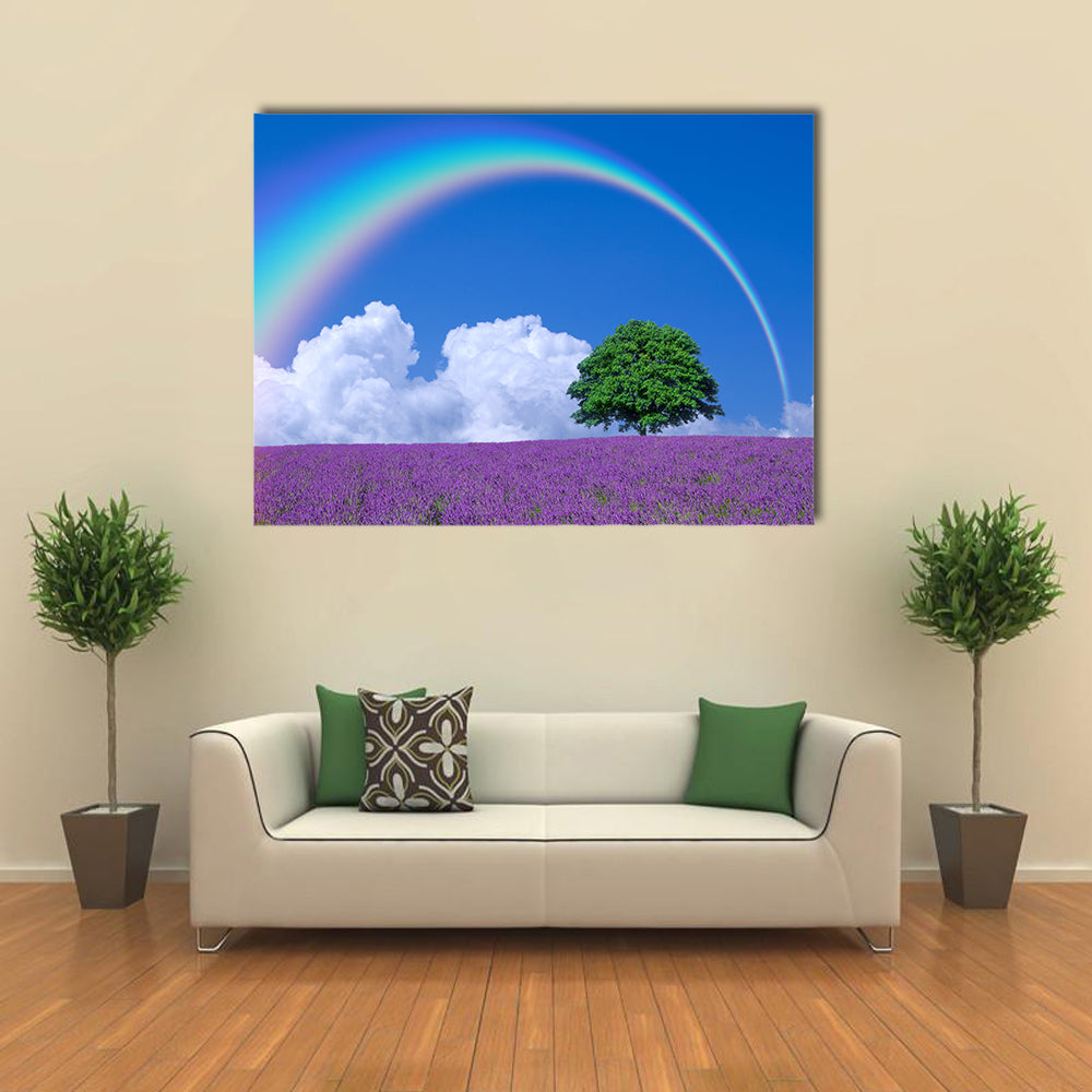 Rainbow Over A Lone Tree And Lavender Filed, Multi Panel Canvas Wall Art