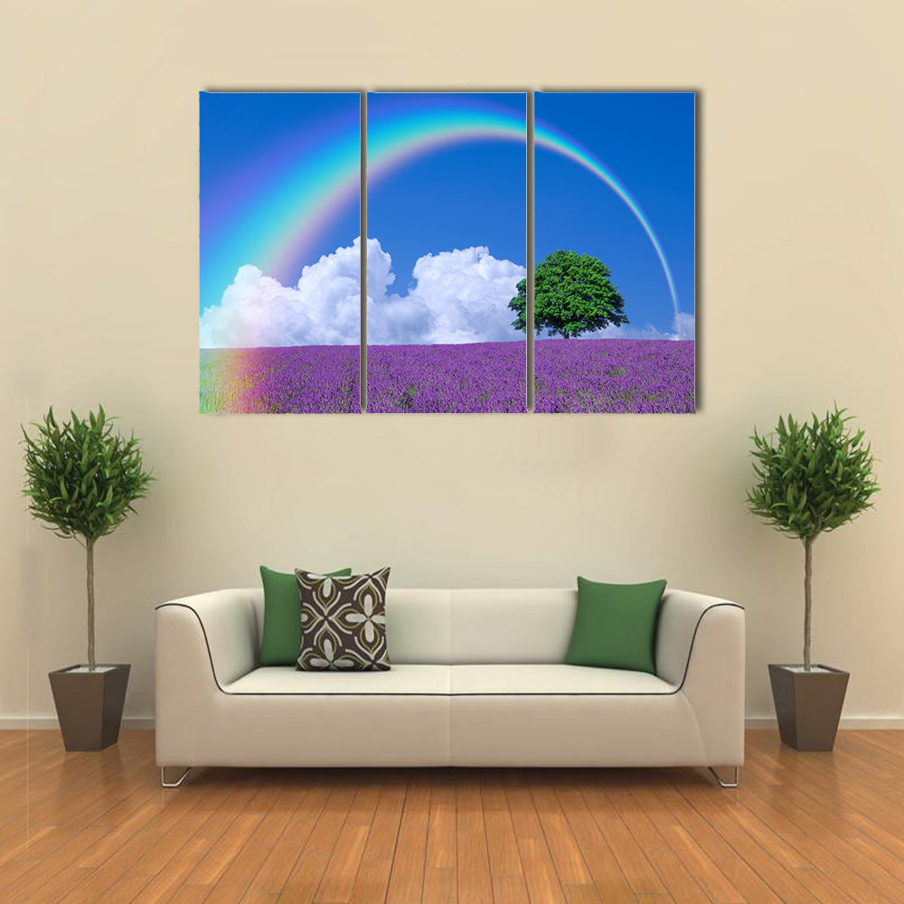 Rainbow Over A Lone Tree And Lavender Filed, Multi Panel Canvas Wall Art