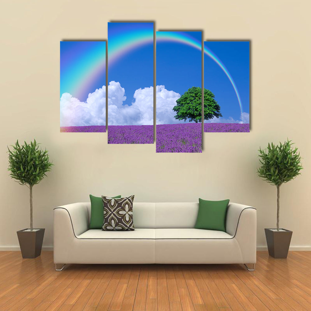 Rainbow Over A Lone Tree And Lavender Filed, Multi Panel Canvas Wall Art