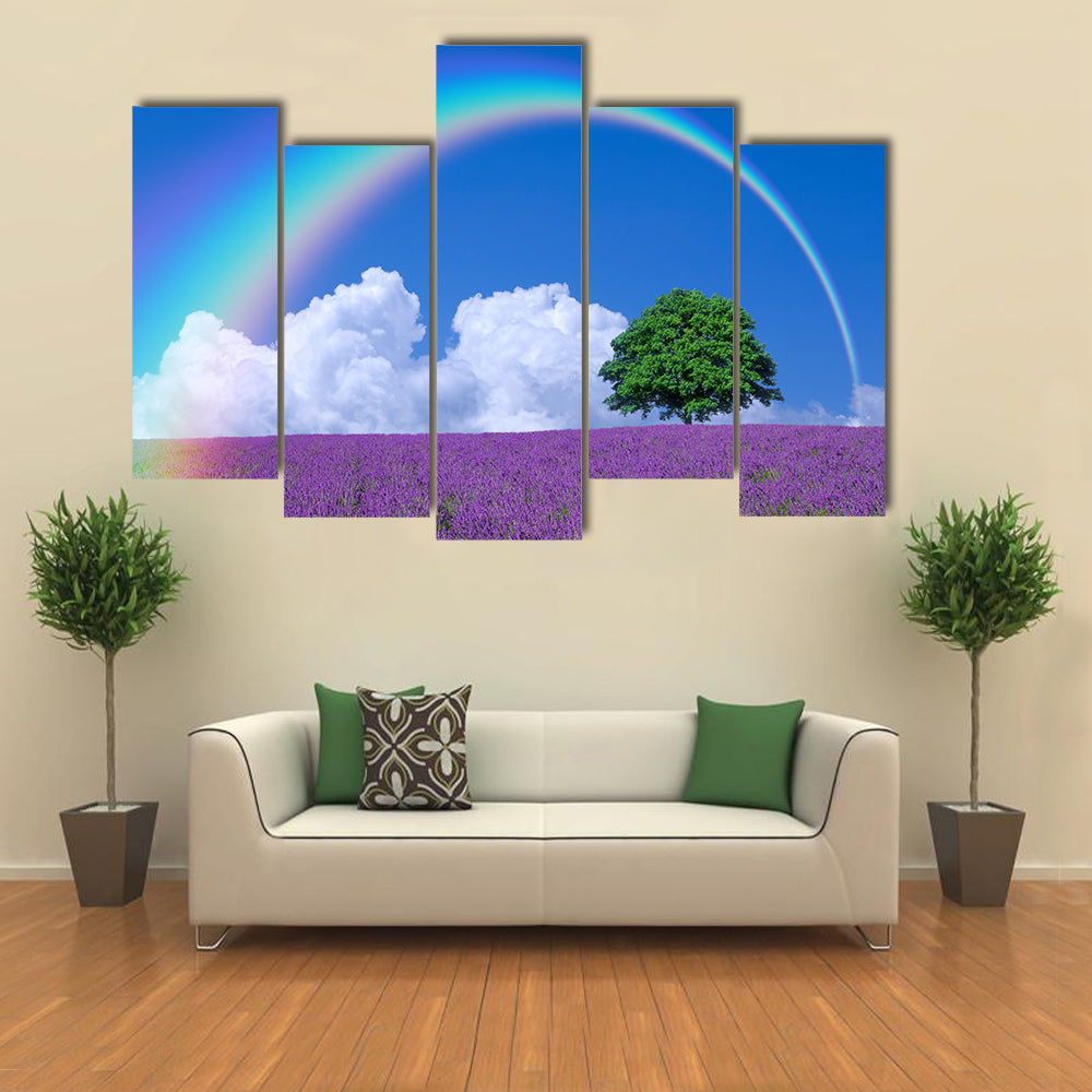 Rainbow Over A Lone Tree And Lavender Filed, Multi Panel Canvas Wall Art