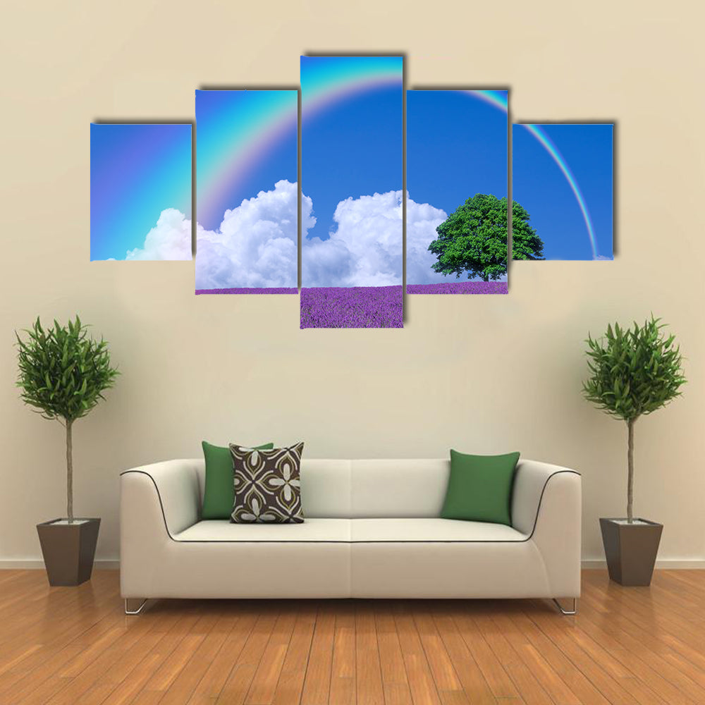 Rainbow Over A Lone Tree And Lavender Filed, Multi Panel Canvas Wall Art