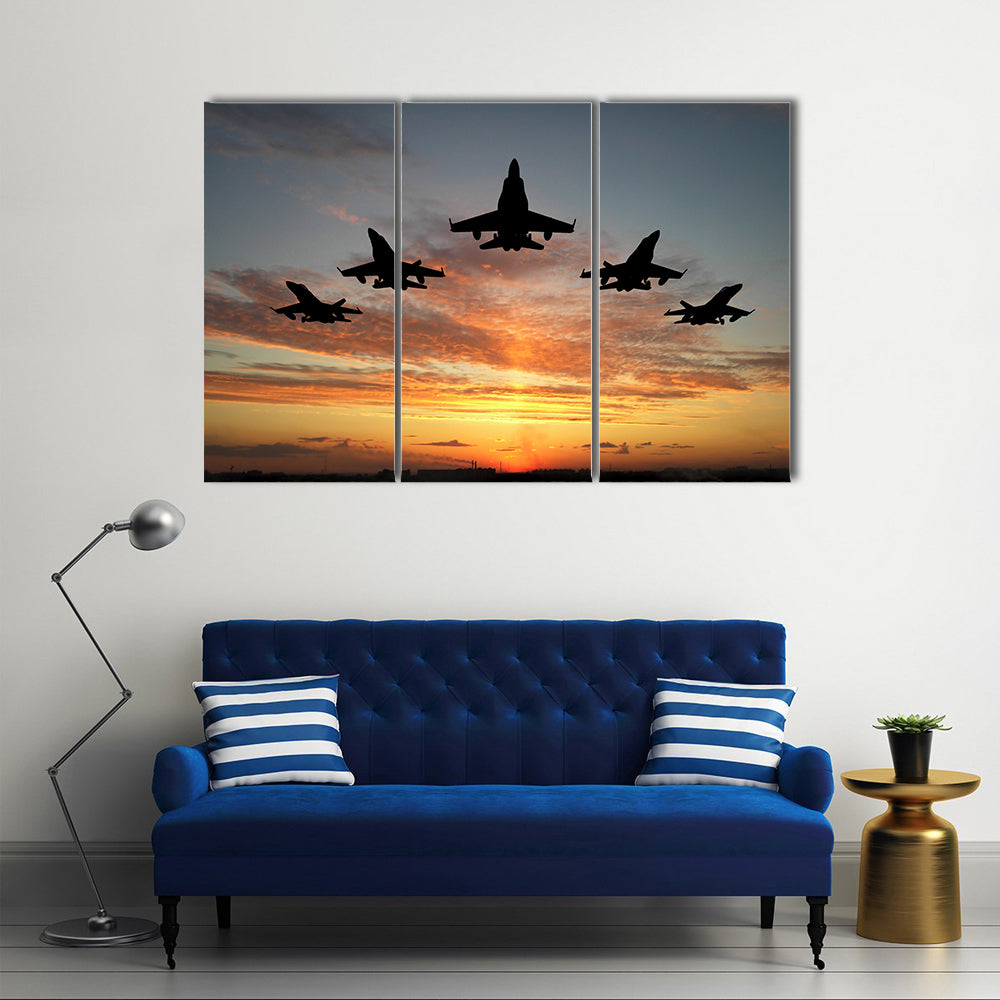 Bomber Jets Over An Orange Sunset, Multi Panel Canvas Wall Art