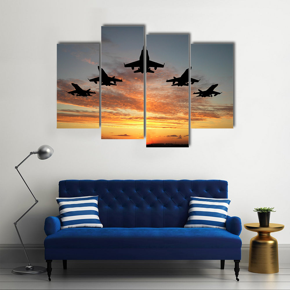 Bomber Jets Over An Orange Sunset, Multi Panel Canvas Wall Art