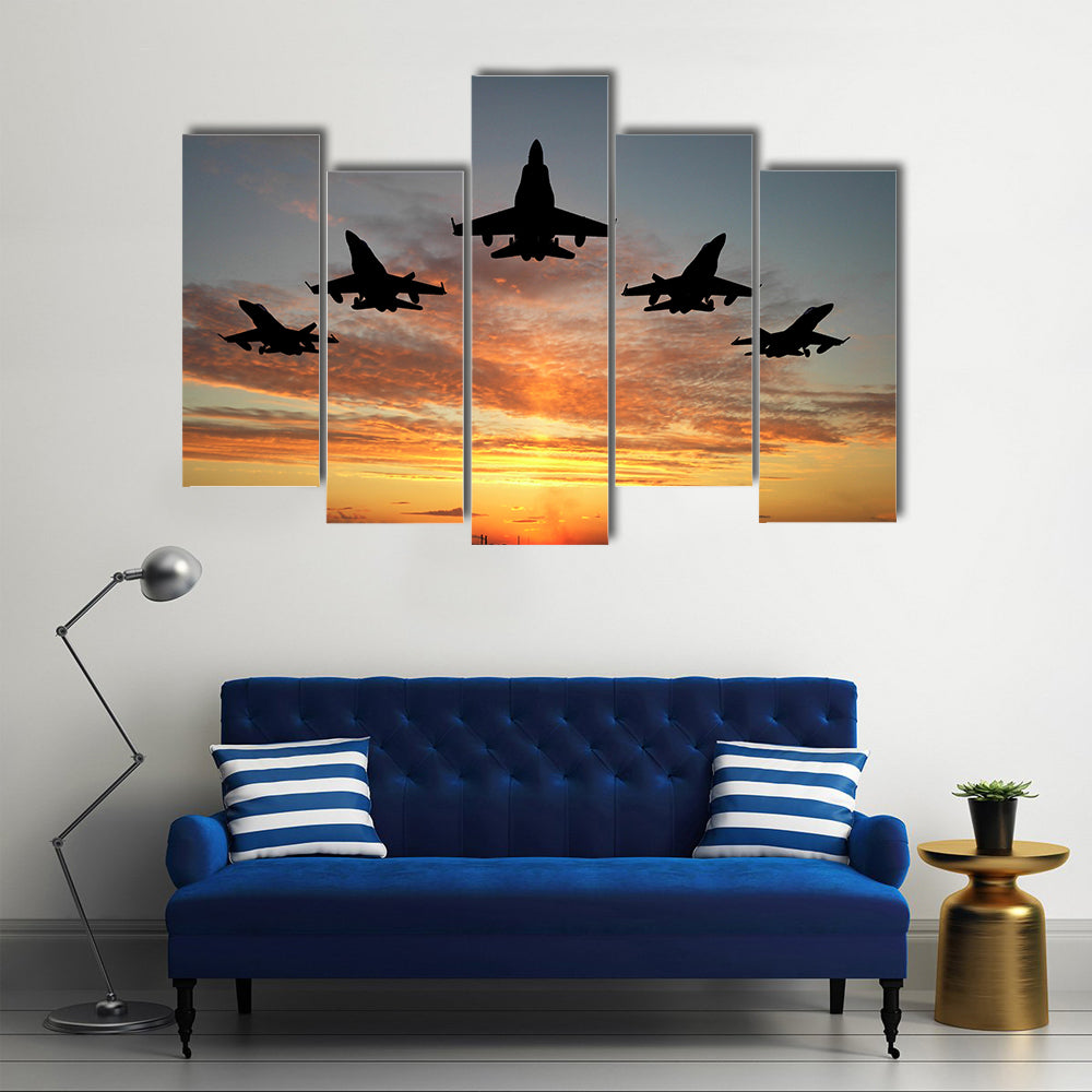 Bomber Jets Over An Orange Sunset, Multi Panel Canvas Wall Art