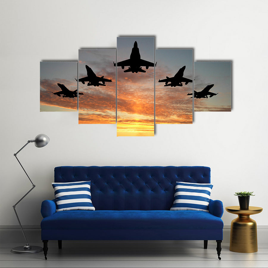 Bomber Jets Over An Orange Sunset, Multi Panel Canvas Wall Art