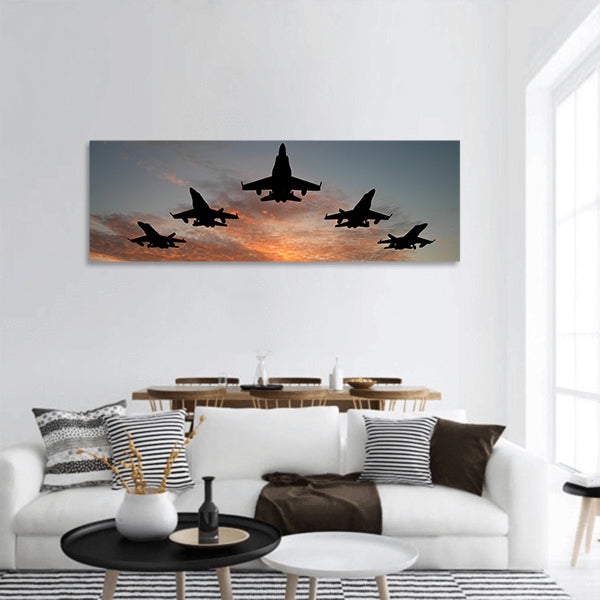 Five bombers over orange sunset panoramic canvas wall art