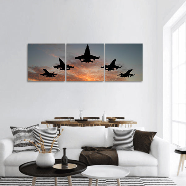 Five bombers over orange sunset panoramic canvas wall art