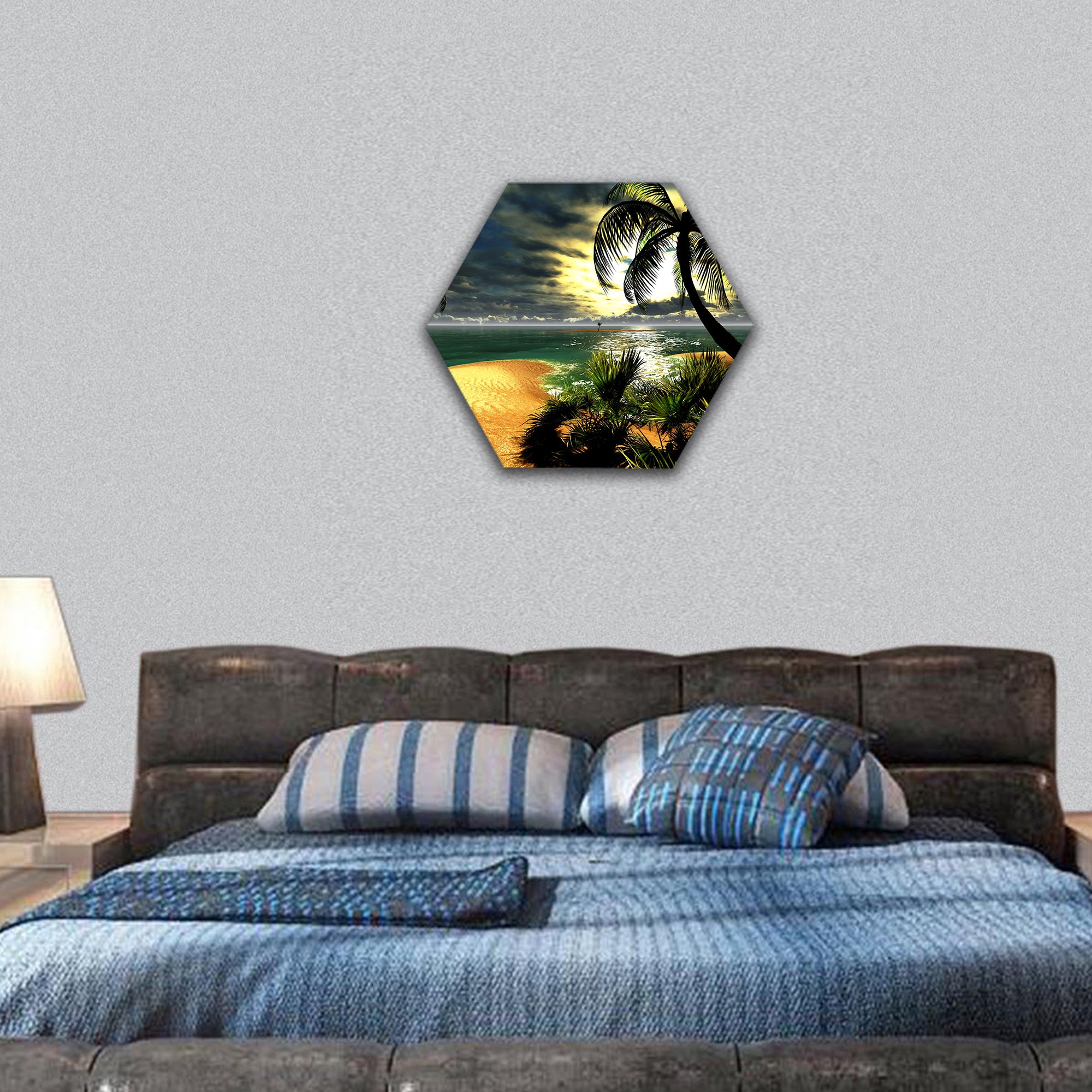 Hawaiian sunset in tropical paradise hexagonal canvas wall art