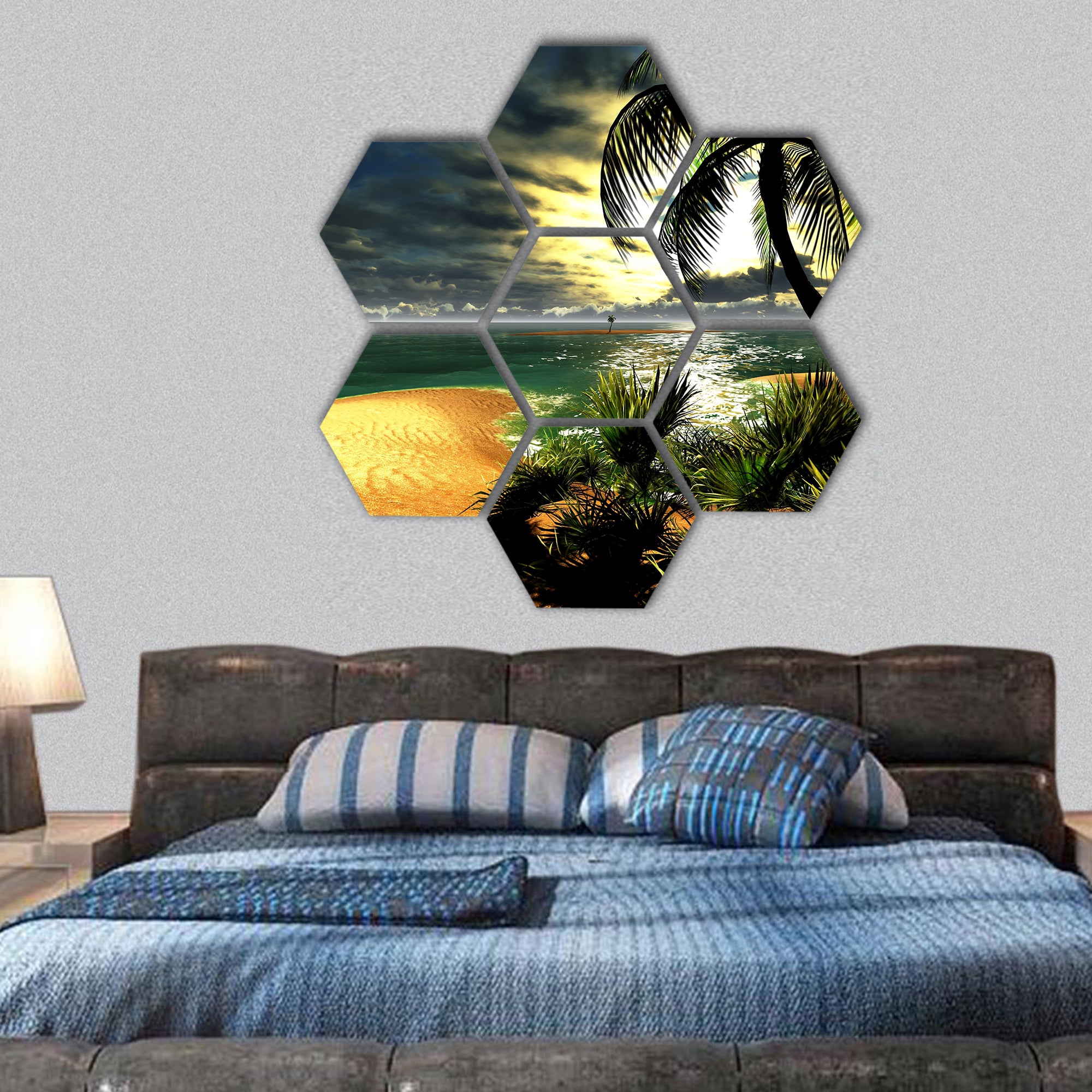 Hawaiian sunset in tropical paradise hexagonal canvas wall art