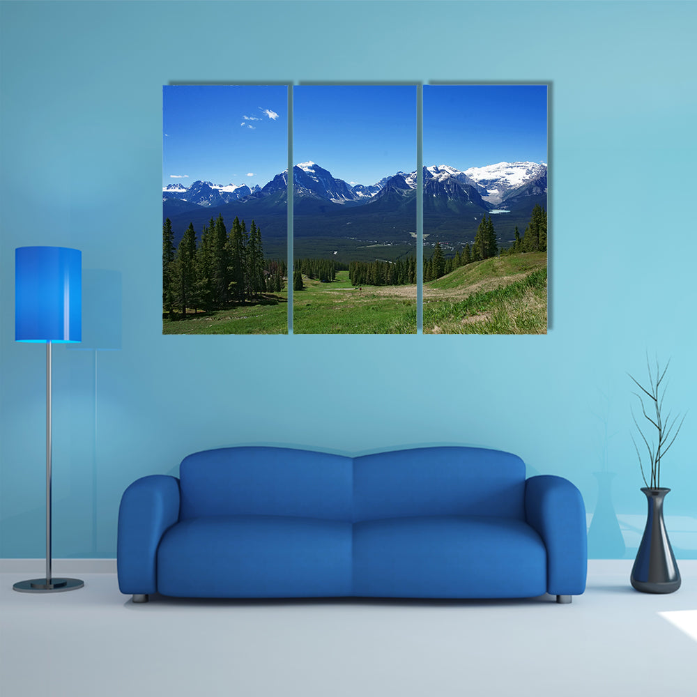 Scenic summer panoramic view of Rockies Mountains in Banff Canada multi panel canvas wall art