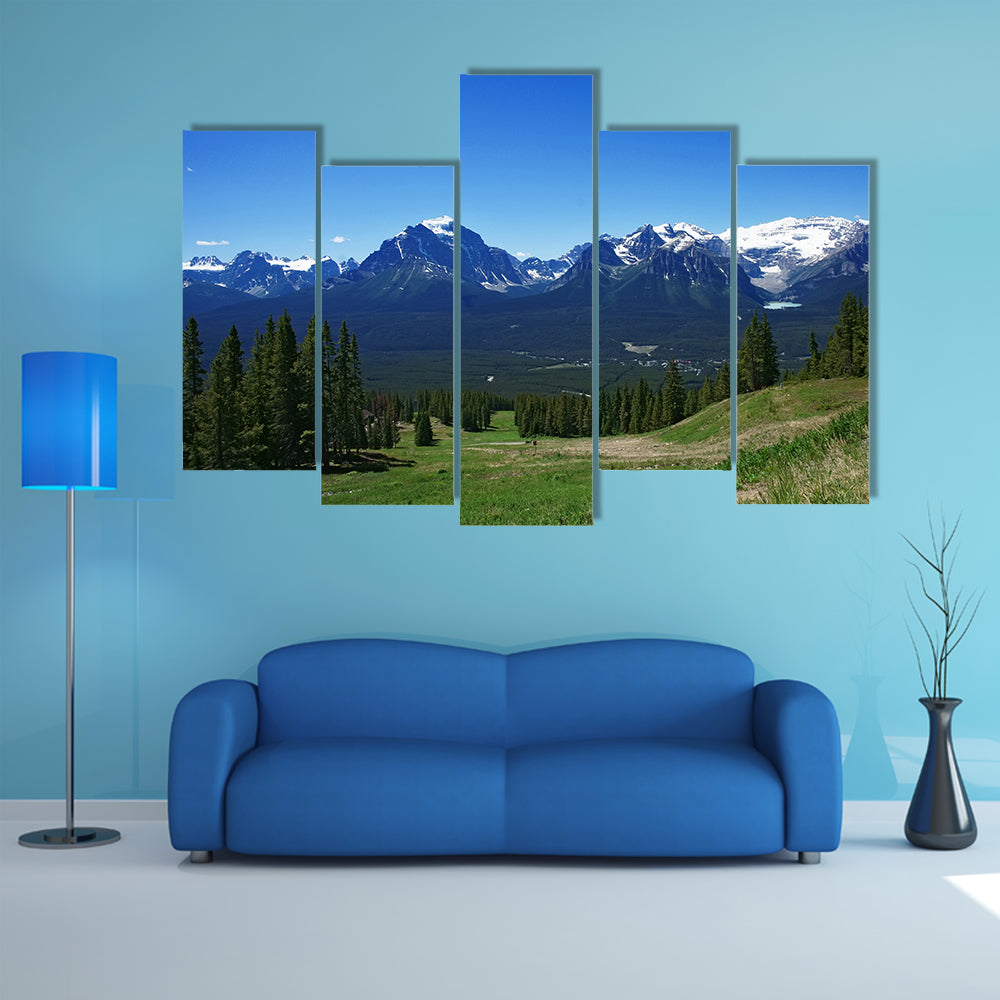 Scenic summer panoramic view of Rockies Mountains in Banff Canada multi panel canvas wall art