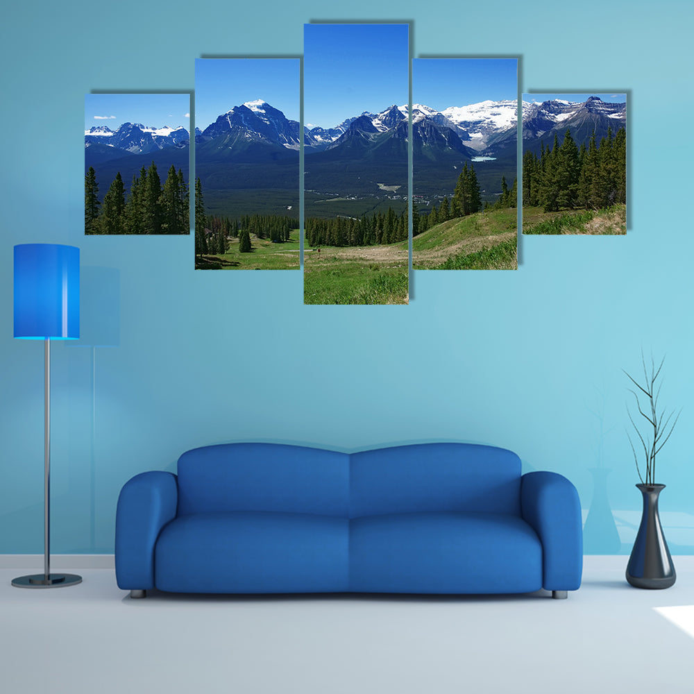 Scenic summer panoramic view of Rockies Mountains in Banff Canada multi panel canvas wall art