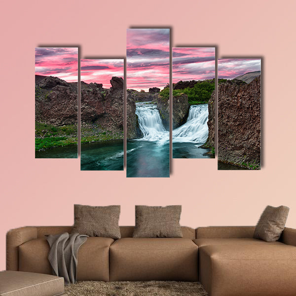 Double waterfall Hjalparfoss on the river  multi panel canvas wall art