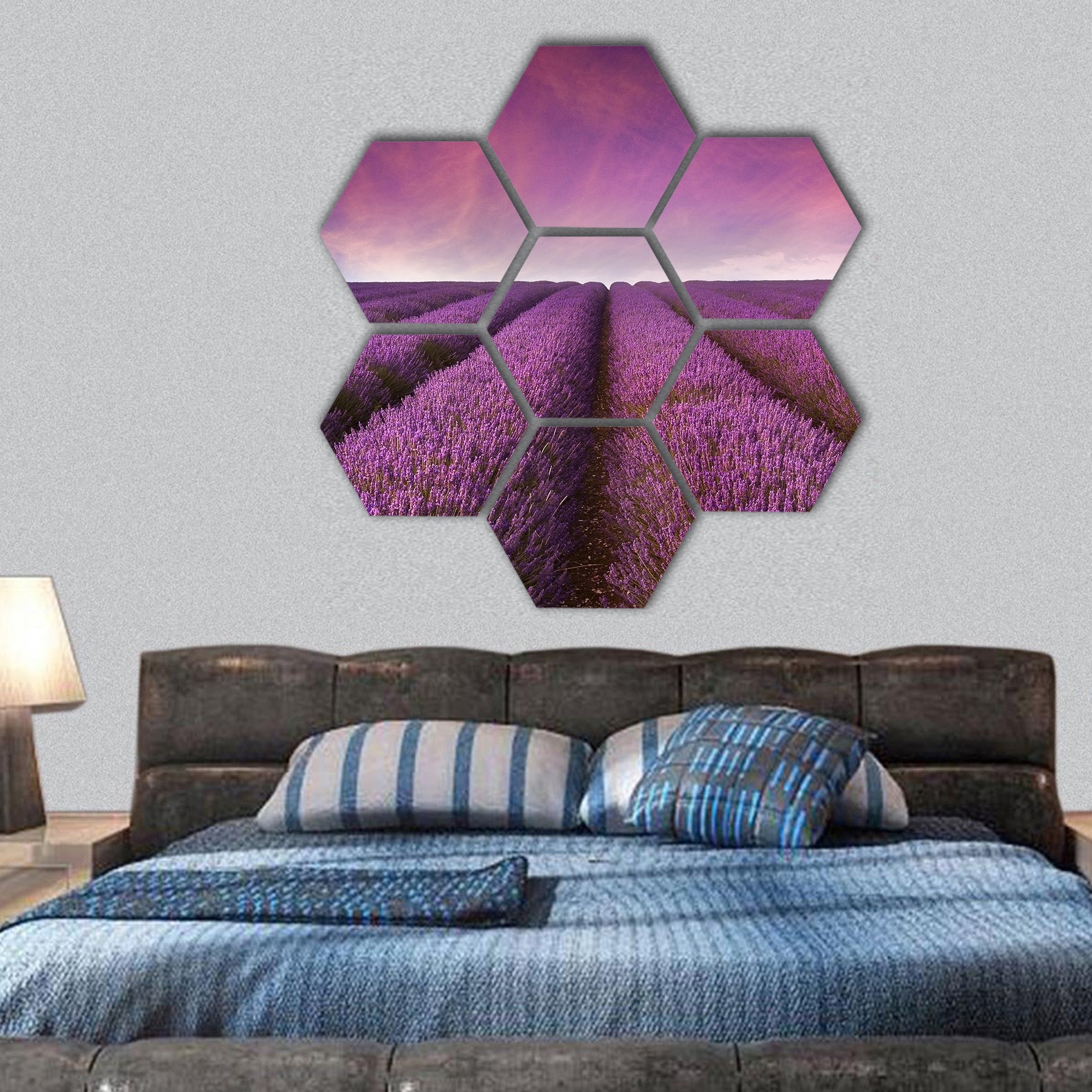 lavender field Summer sunset landscape hexagonal canvas wall art