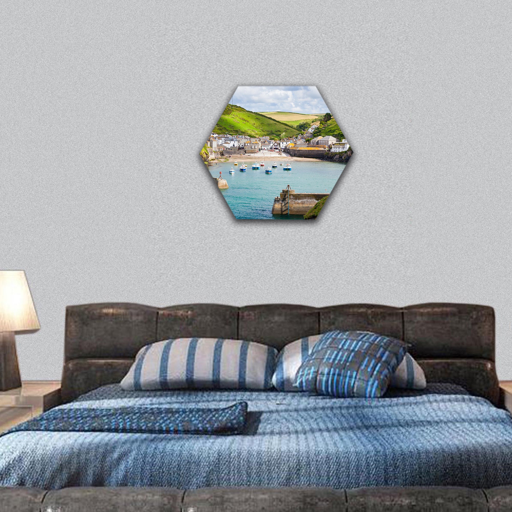 fishing village of Port Isaac, on Cornwall Coast hexagonal canvas wall art