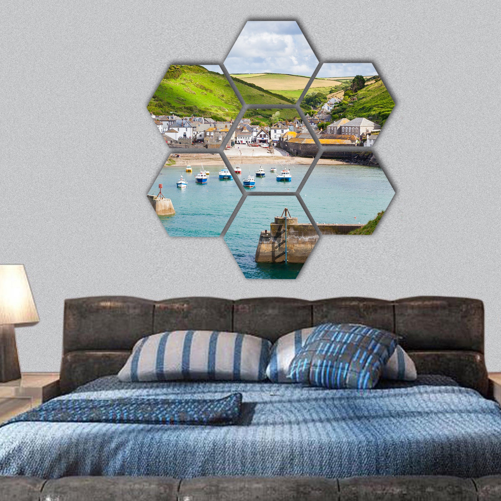 fishing village of Port Isaac, on Cornwall Coast hexagonal canvas wall art