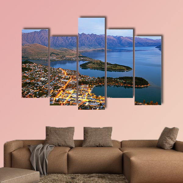 Queenstown downtown aerial view New Zealand at Dusk multi panel canvas wall art