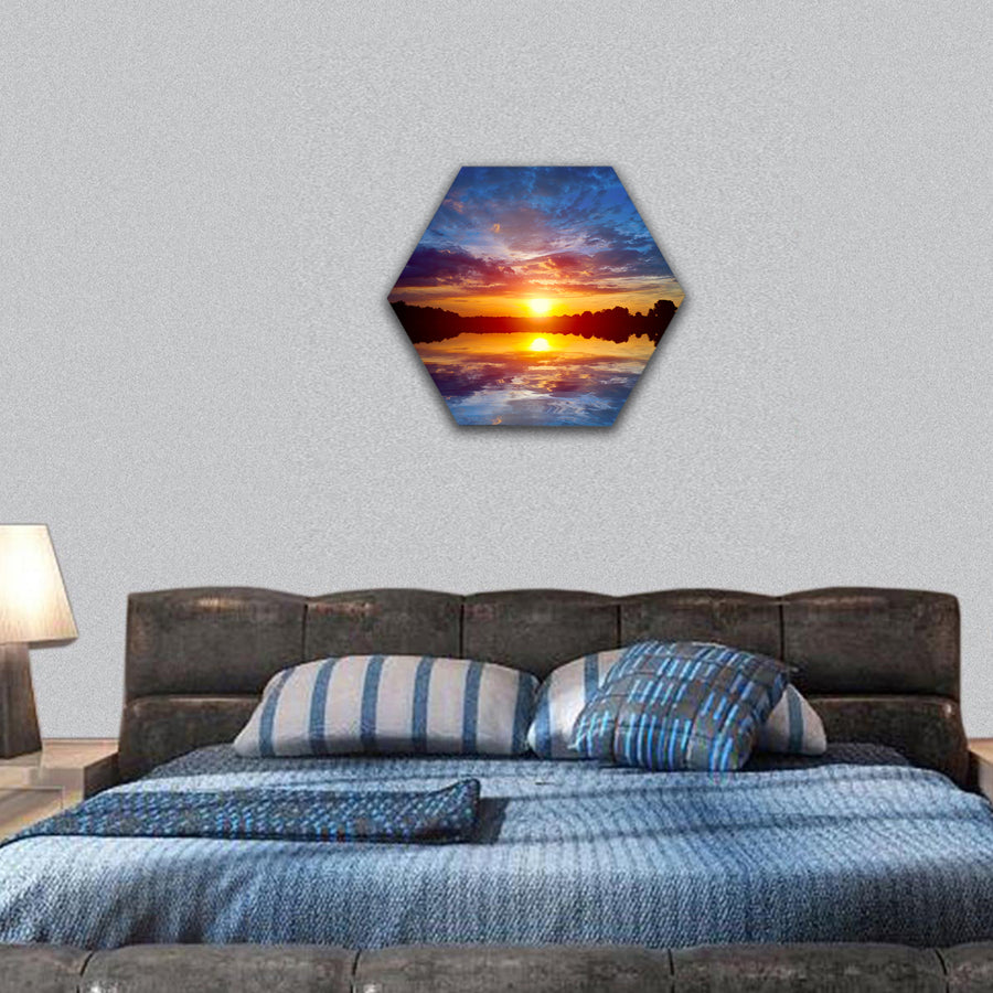 Nice sunset scene on lake hexagonal canvas wall art