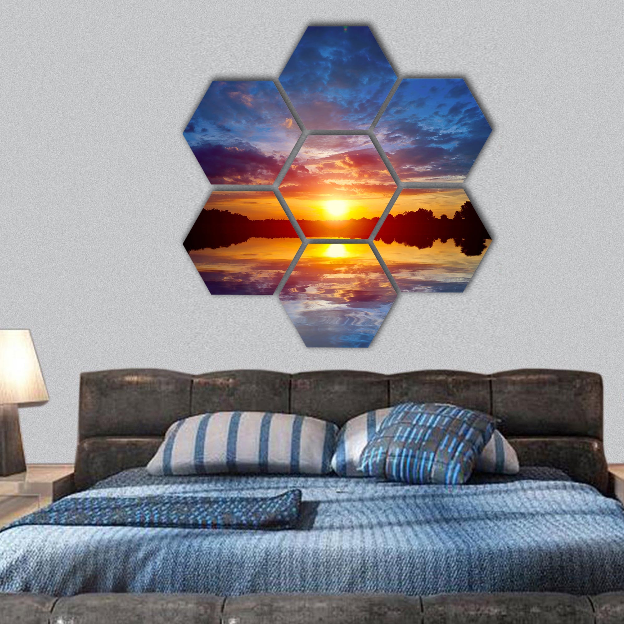 Nice sunset scene on lake hexagonal canvas wall art