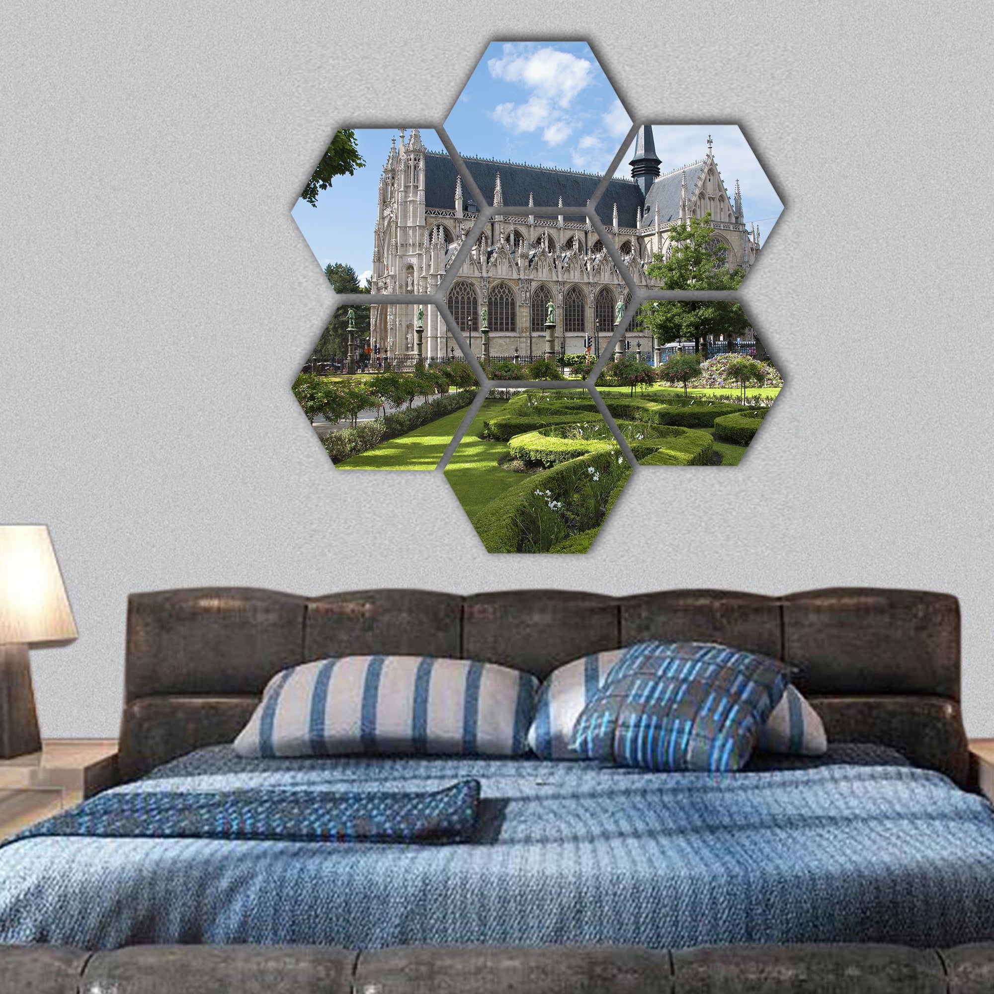 Notre Dame du Sablon gothic church from east and park hexagonal canvas wall art
