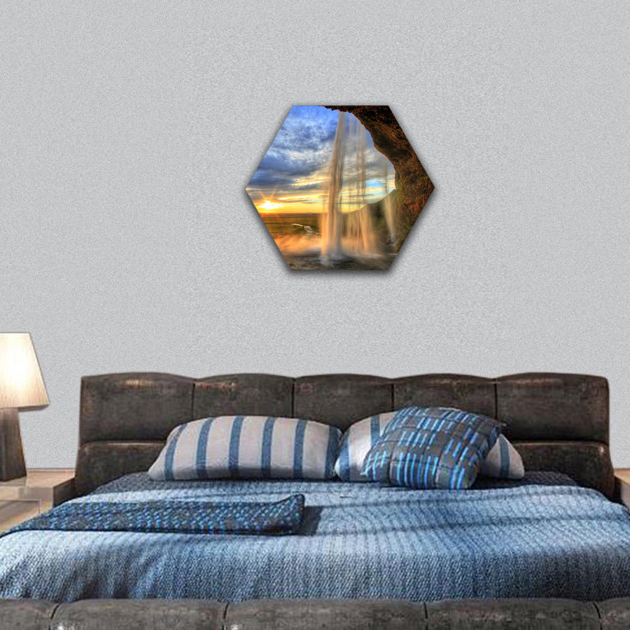 Seljalandfoss waterfall at sunset in HDR, Iceland hexagonal canvas wall art