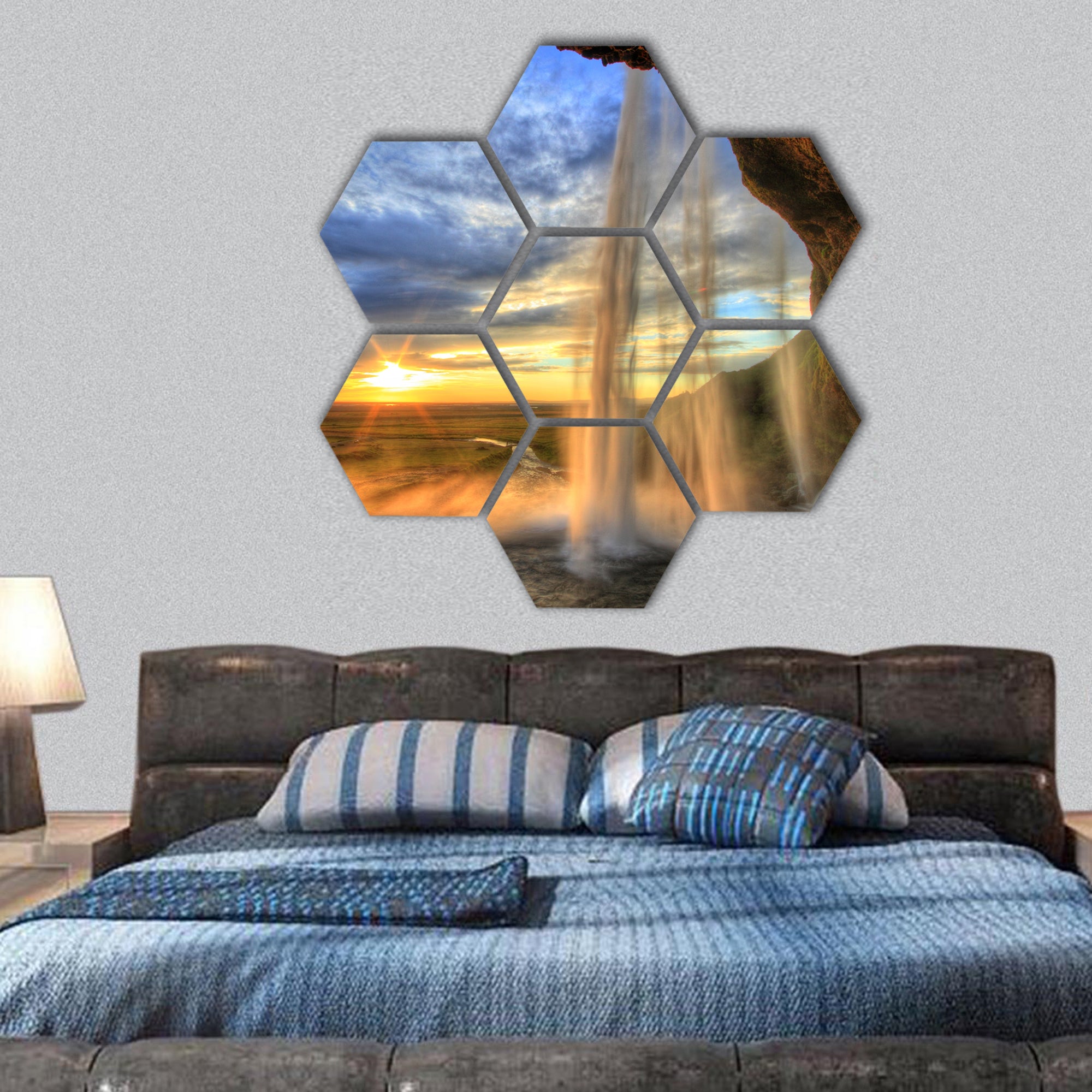 Seljalandfoss waterfall at sunset in HDR, Iceland hexagonal canvas wall art