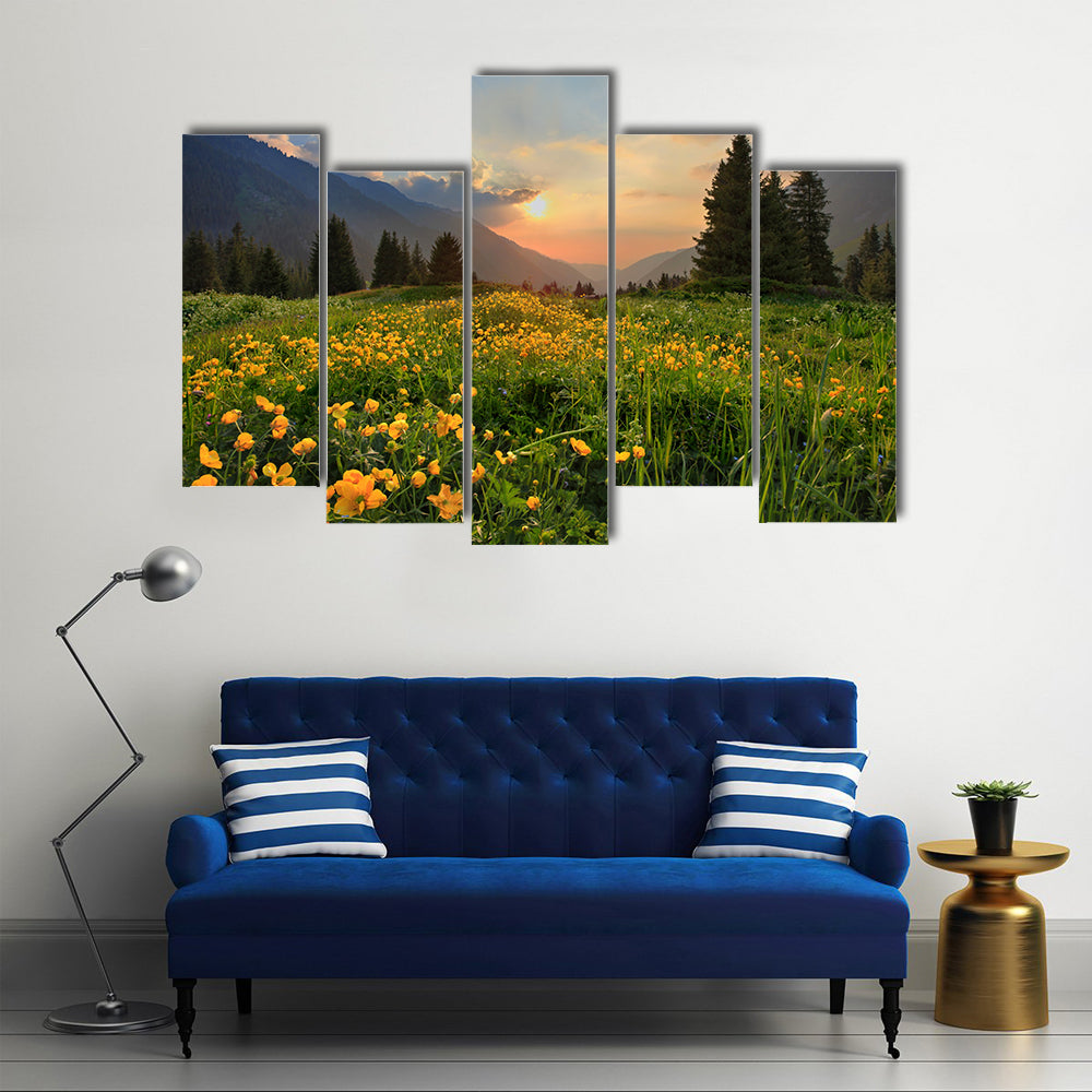 Glade of buttercups at sunset in mountains Tien-Shan, Kazakhstan Multi Panel Canvas Wall Art
