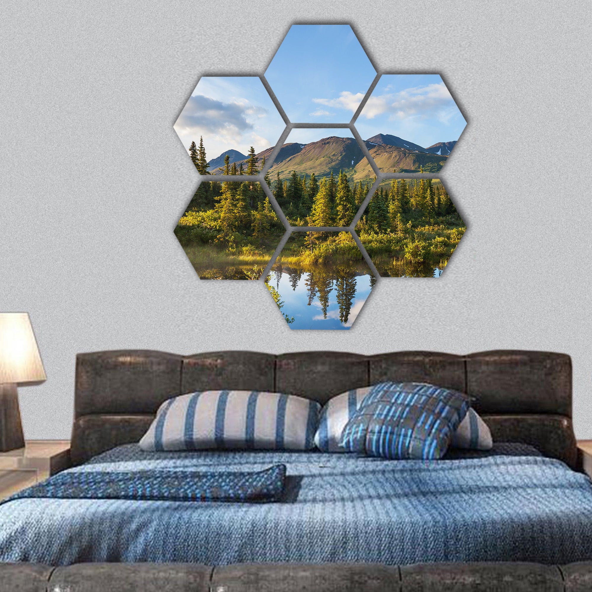 river in tundra on Alaska hexagonal canvas wall art