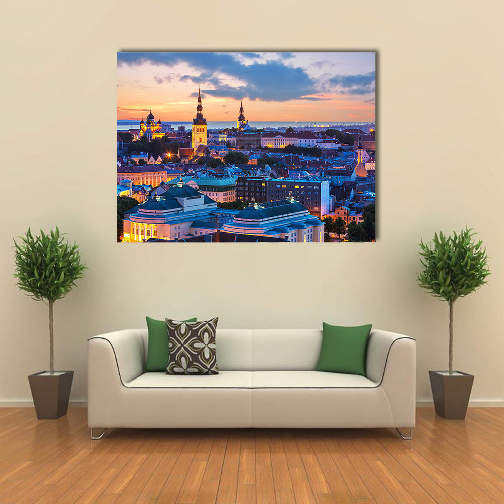Wonderful evening scenic summer panorama of Tallinn, Estonia multi panel canvas wall art
