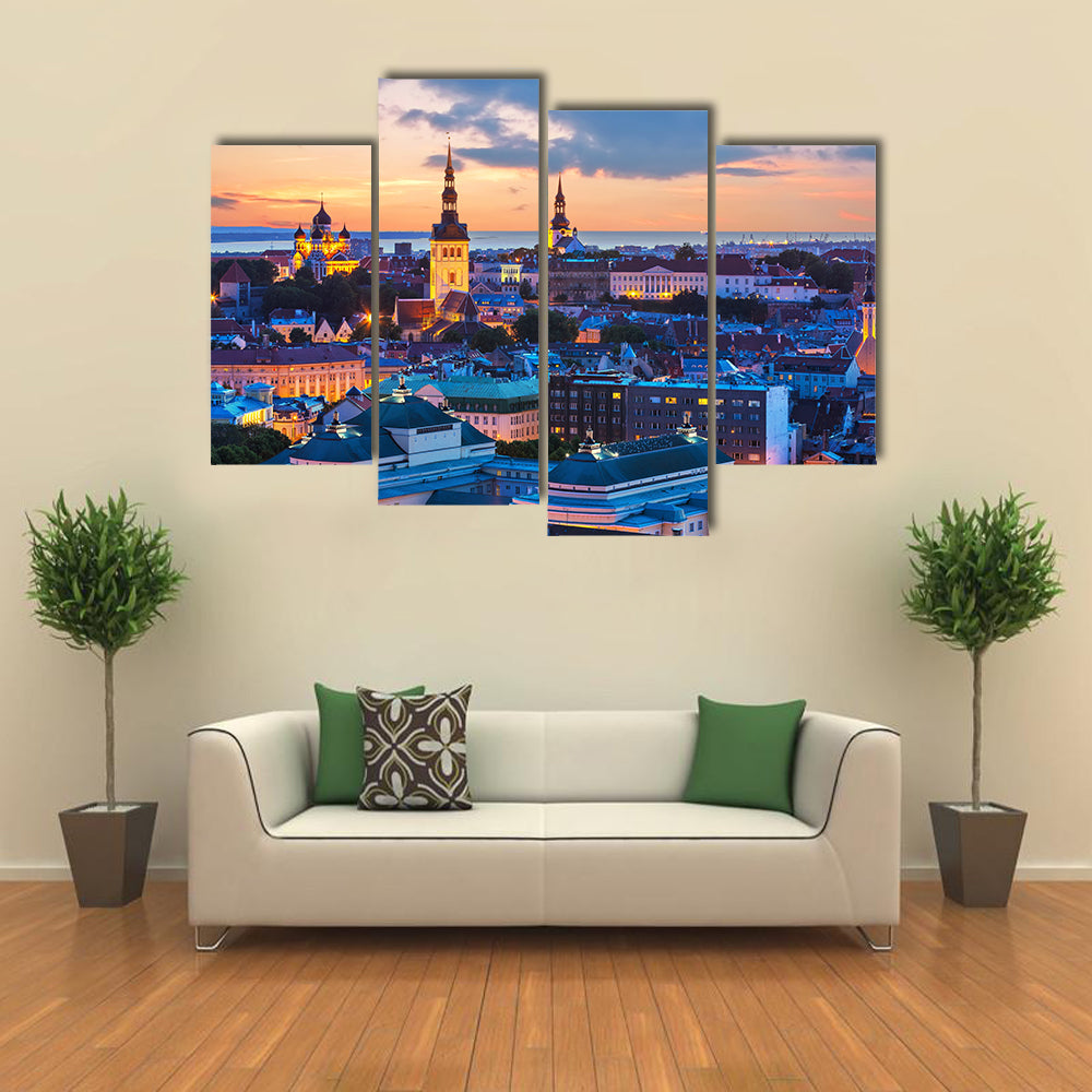 Wonderful evening scenic summer panorama of Tallinn, Estonia multi panel canvas wall art
