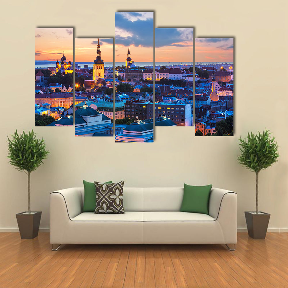 Wonderful evening scenic summer panorama of Tallinn, Estonia multi panel canvas wall art