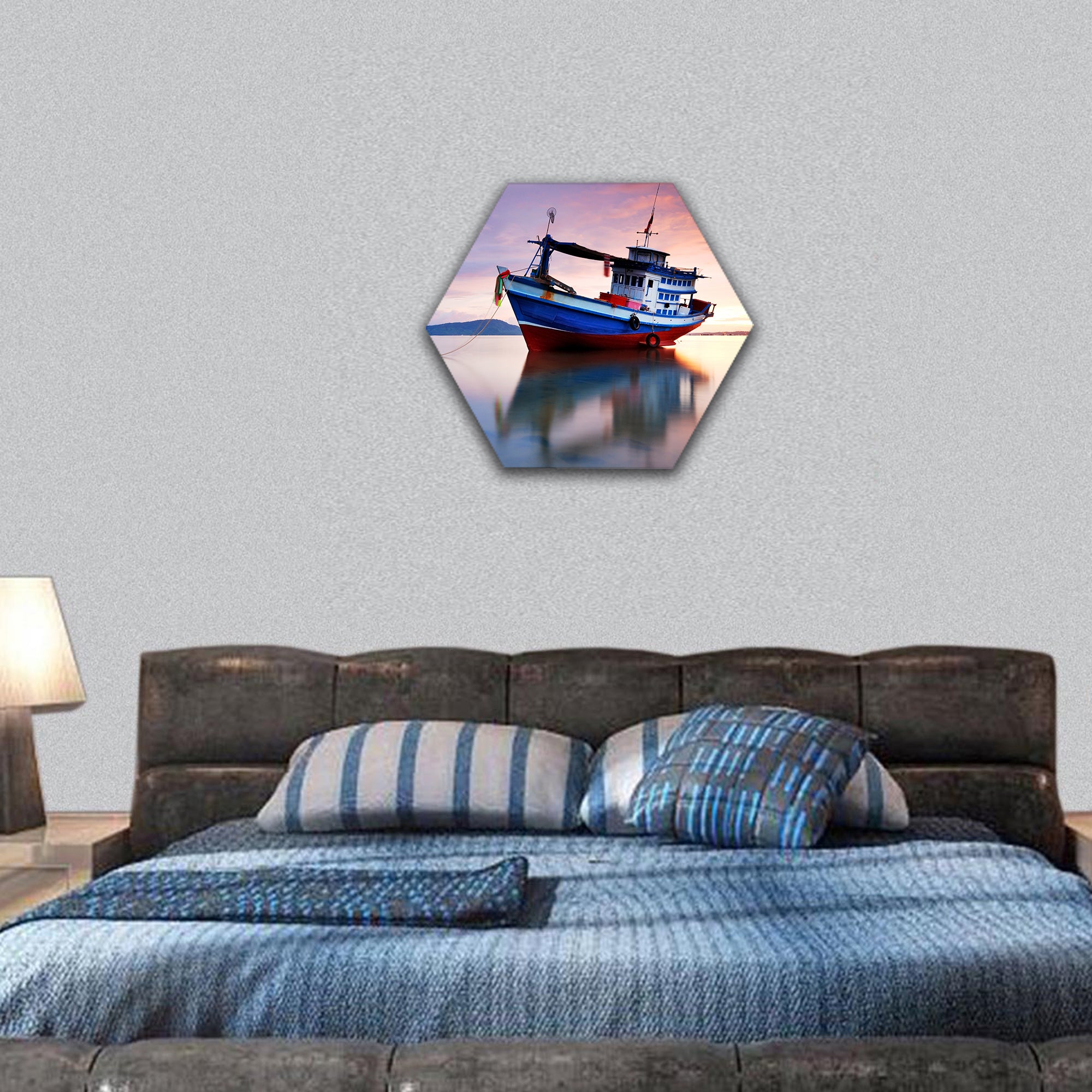 Fishing boat in the sea at sunset hexagonal canvas wall art