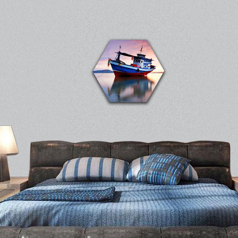 Fishing boat in the sea at sunset hexagonal canvas wall art