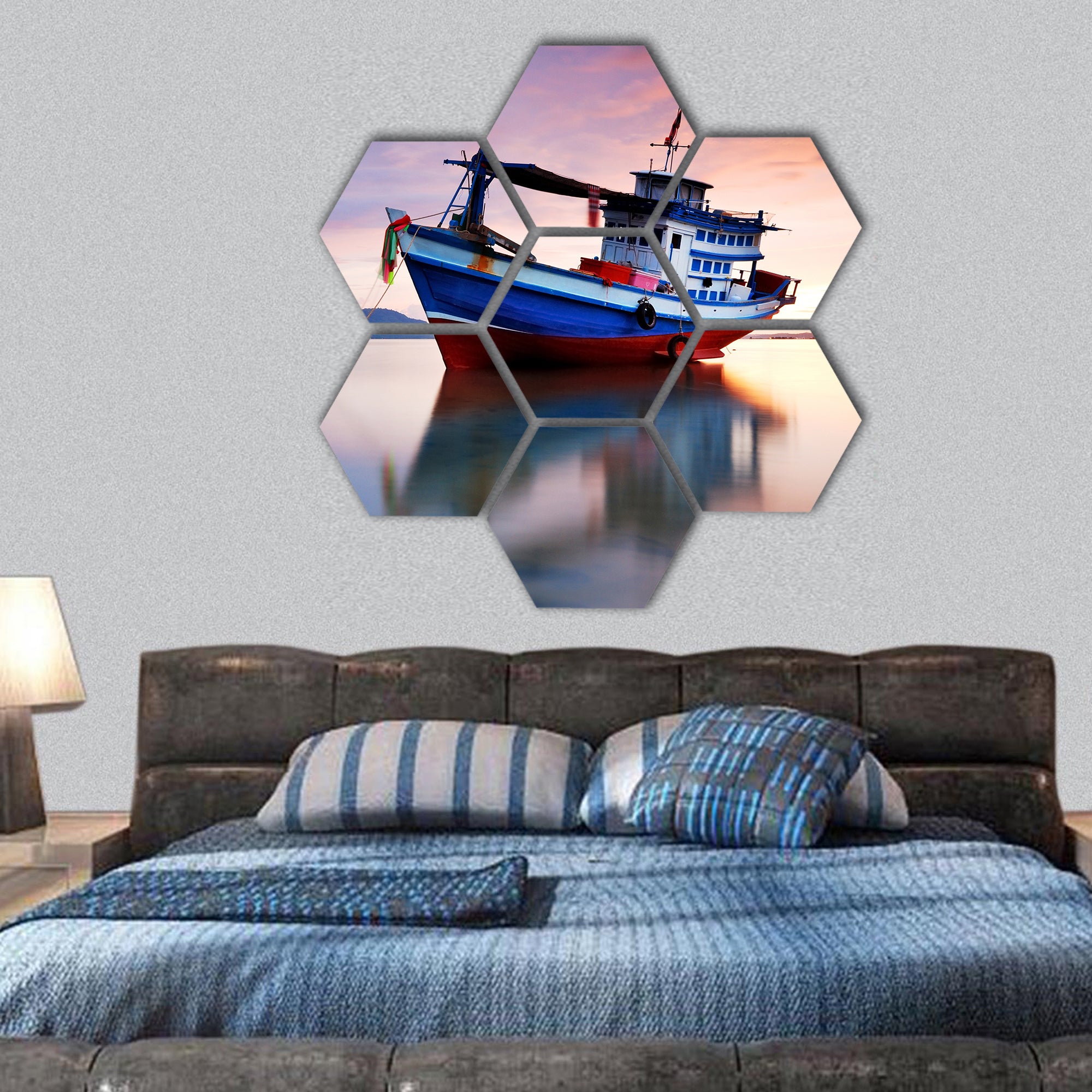 Fishing boat in the sea at sunset hexagonal canvas wall art