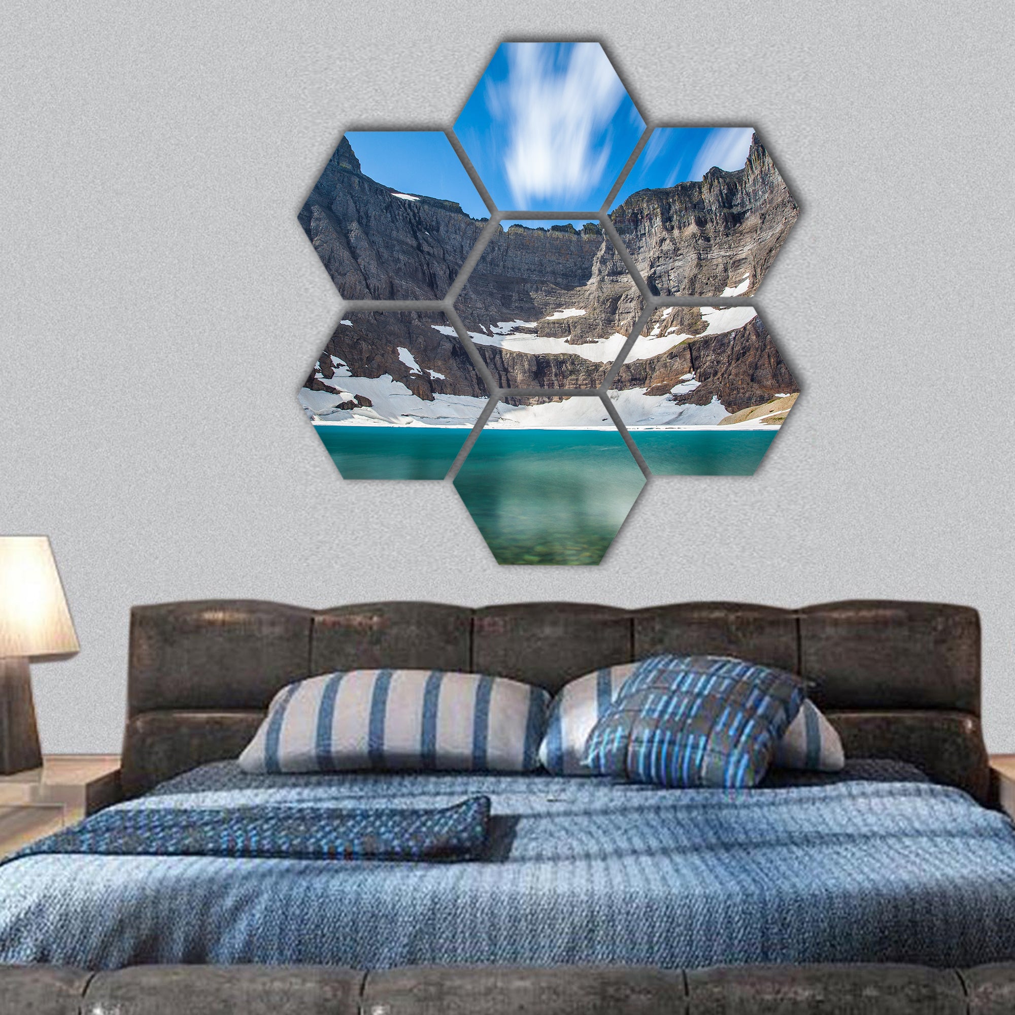 Iceberg lake, Glacier national park, montana hexagonal canvas wall art