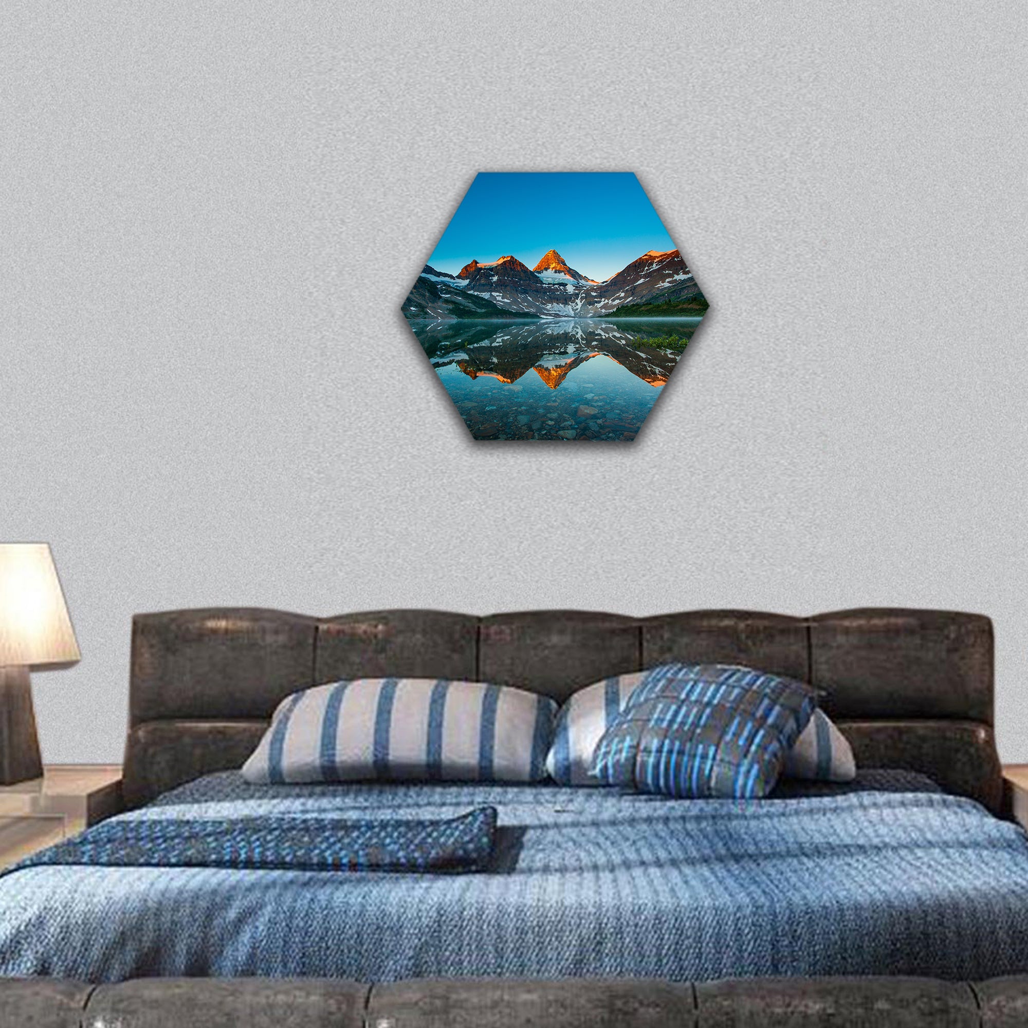 Reflection of mount Assiniboine on Magog lake at sunrise, Alberta, Canada hexagonal canvas wall art