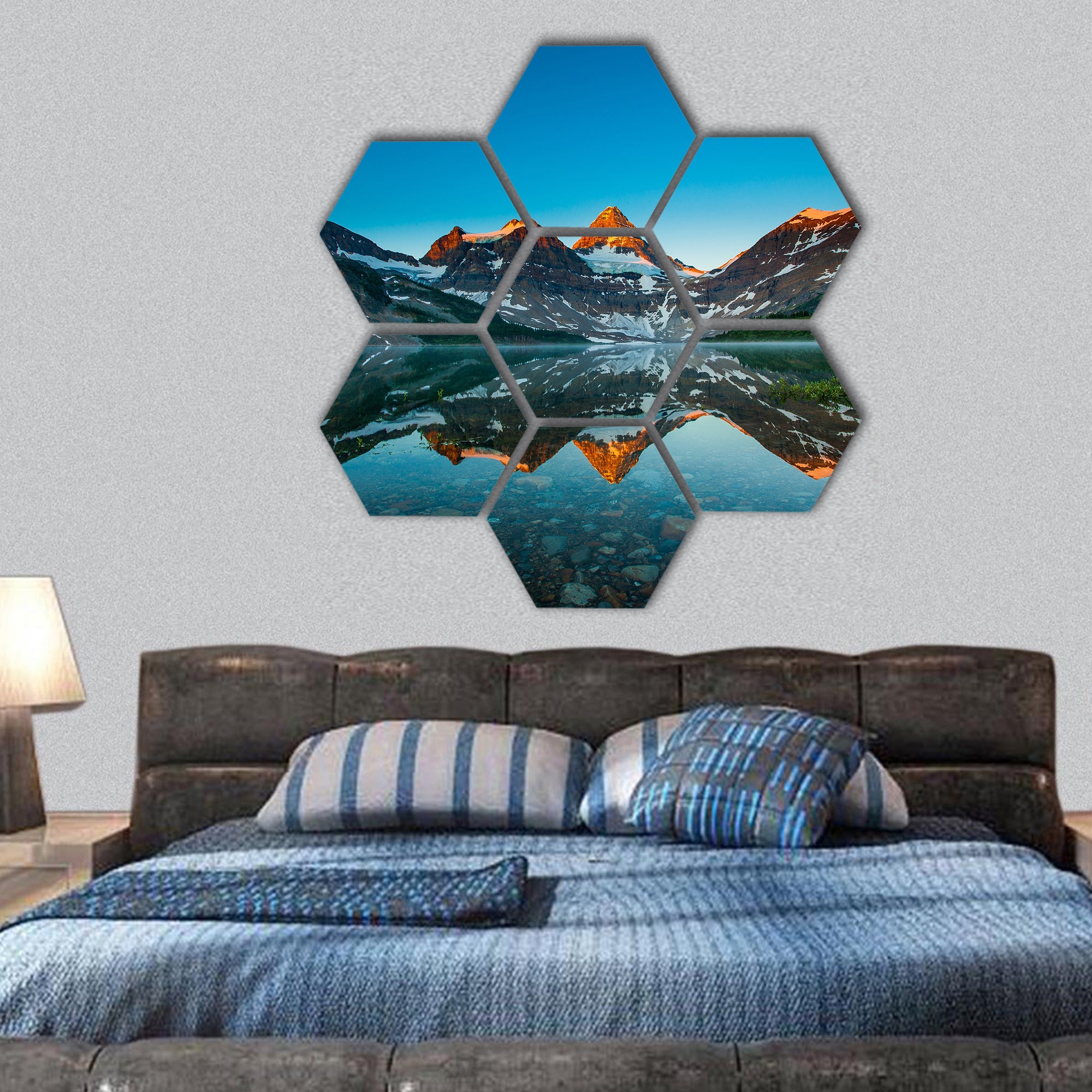 Reflection of mount Assiniboine on Magog lake at sunrise, Alberta, Canada hexagonal canvas wall art