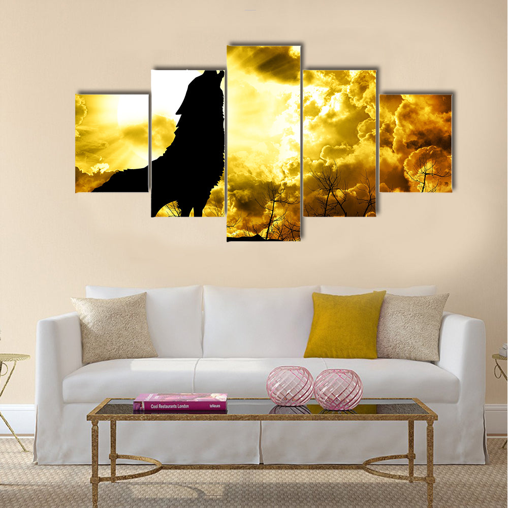 Wolf howling at the sunset Multi Panel Canvas Wall Art