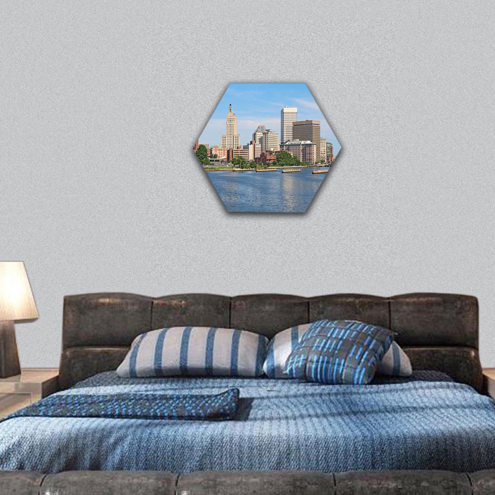 skyline of Providence, Rhode Island, from Providence River hexagonal canvas wall art