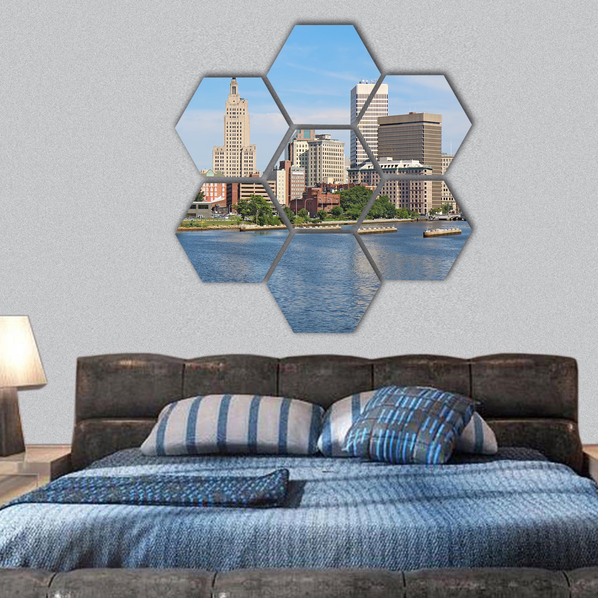 skyline of Providence, Rhode Island, from Providence River hexagonal canvas wall art